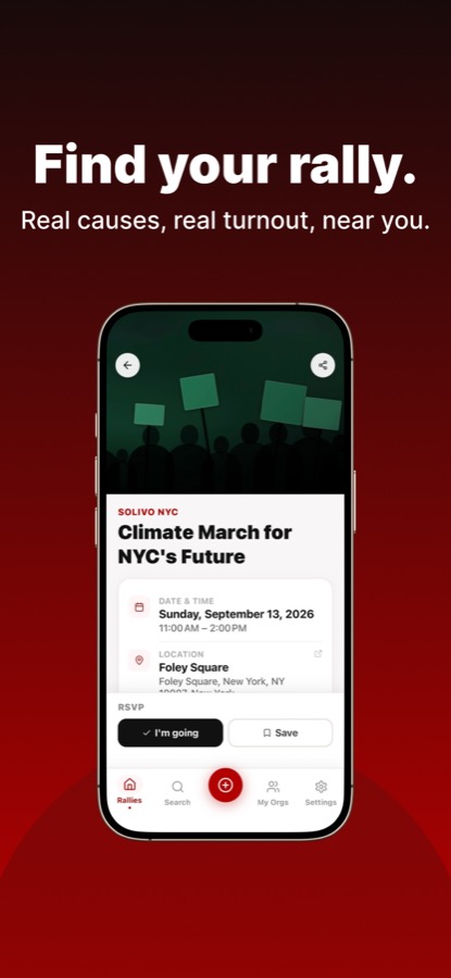 Solivo feed showing rallies near you, filtered by cause and distance