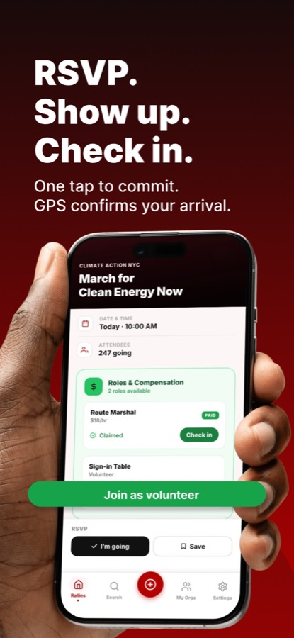 RSVP and GPS check-in screen showing distance to the rally