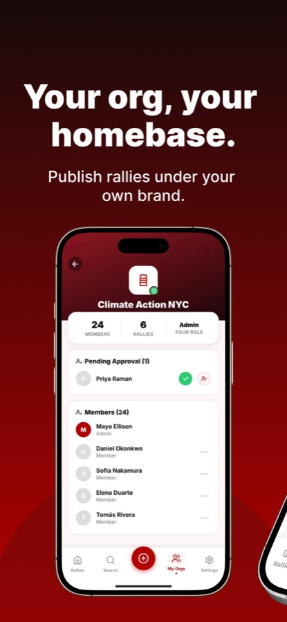 Organization profile and rally publishing screen