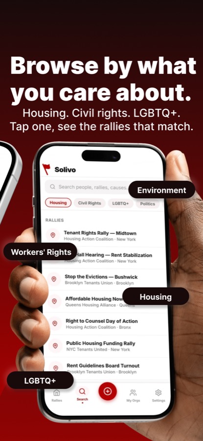 Browsing rallies by cause — housing, civil rights, LGBTQ+